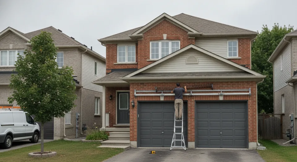 A technician replacing the torsion spring above a double garage door at a two-storey house in Kitchener, Ontario